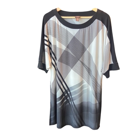 Easywear Chico’s Stacey Black White Geometric Tunic Dress Top Sz 2 Large - Picture 2 of 11